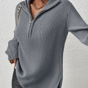 Medium Gray Half Zip Ribbed Knit Drop Shoulder Split Hem Sweater - SHEIN